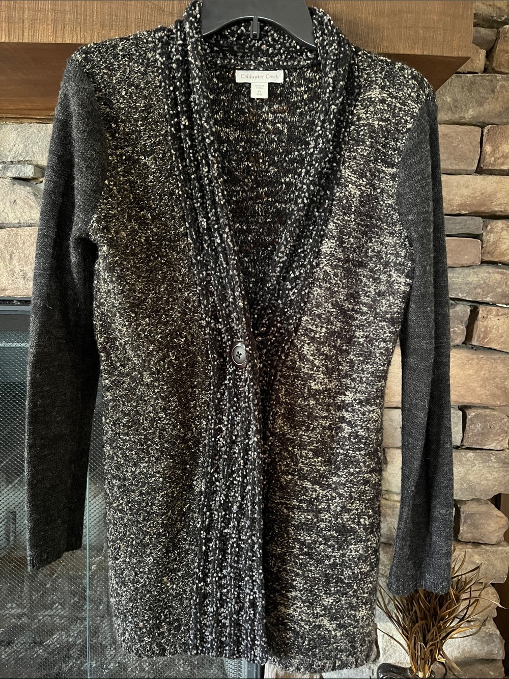 Coldwater Creek Black & Gray Marled Shawl-Collar One-Button Cardigan